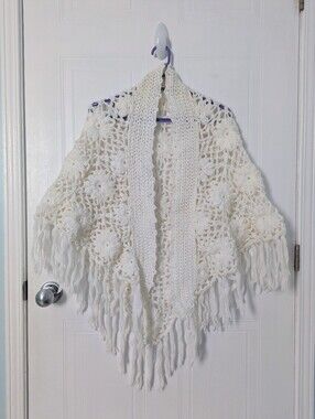 Vintage Handmade White Crochet Fringe Shawl